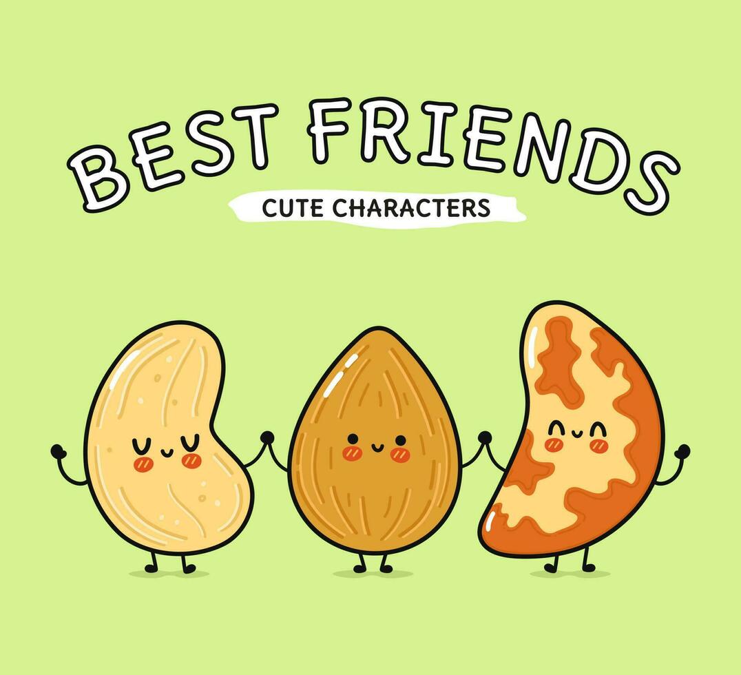 Cute, funny happy almonds, Brazilian nut and cashews nut. Vector hand drawn cartoon kawaii characters, illustration icon. Funny happy cartoon almond, Brazilian nut cashew nut mascot friends concept