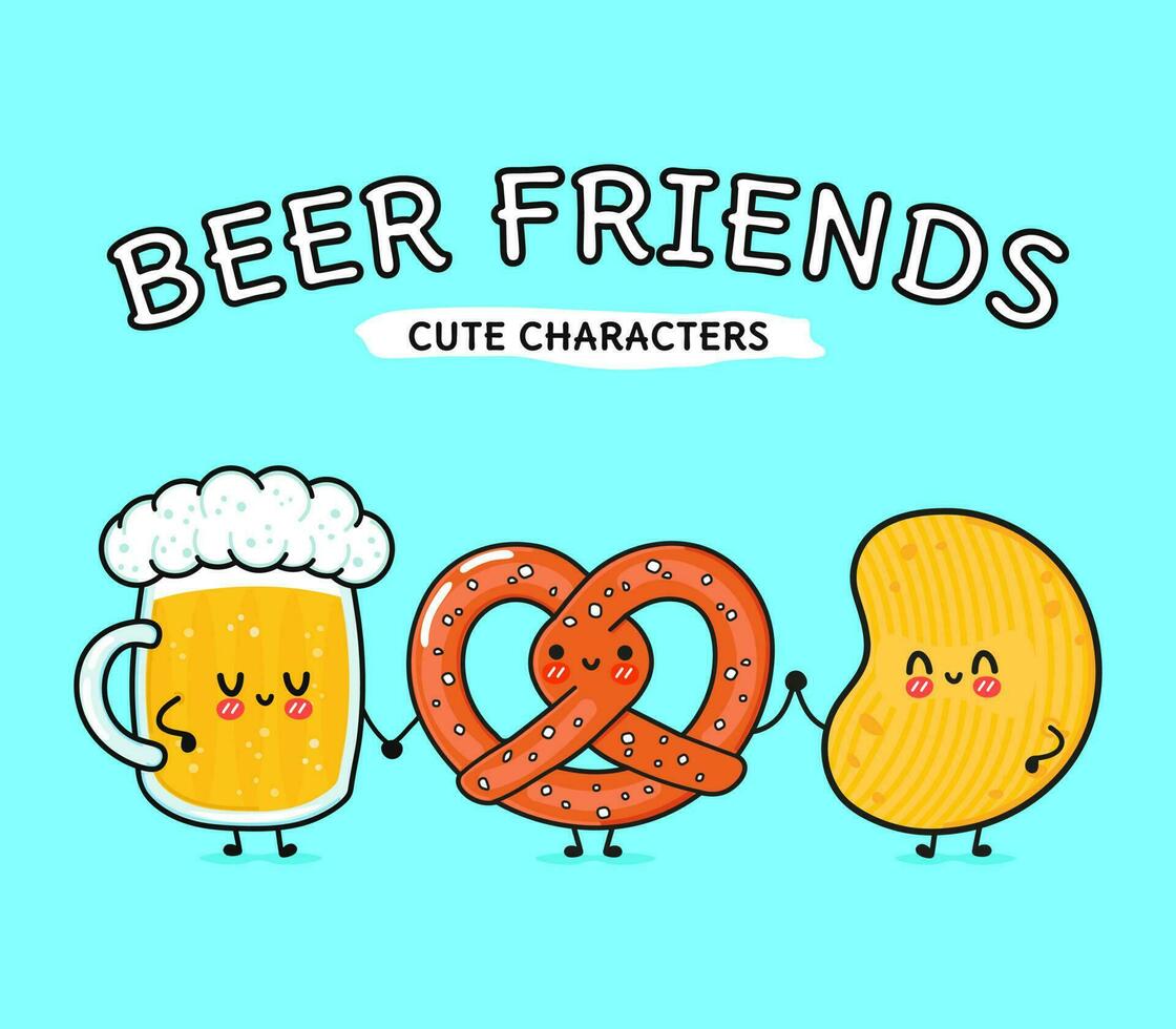 Cute, funny happy glass of beer, pretzel and chips. Vector hand drawn cartoon kawaii characters, illustration icon. Funny happy cartoon glass of beer, pretzel and chips mascot friends