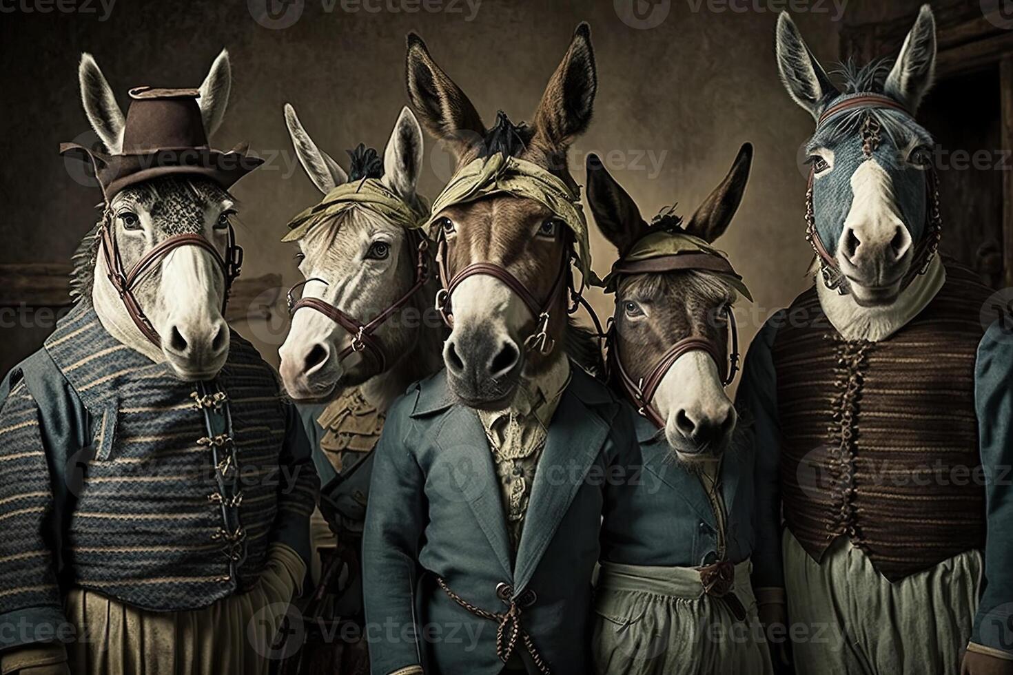 donkey animals dressed in victorian era clothing illustration photo