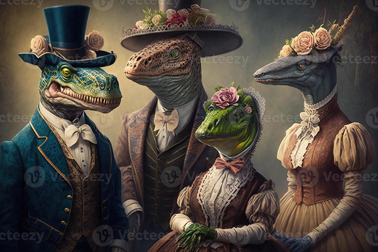 dinosaurios animales vestido en victoriano era ropa ilustración generativo ai foto