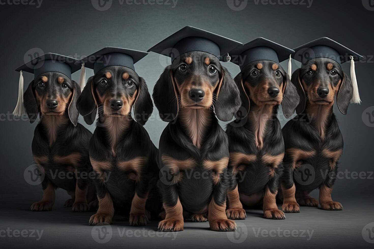dachshund Dogs standing in a line, wearing graduation caps and gowns, with a proud look on their faces illustration photo