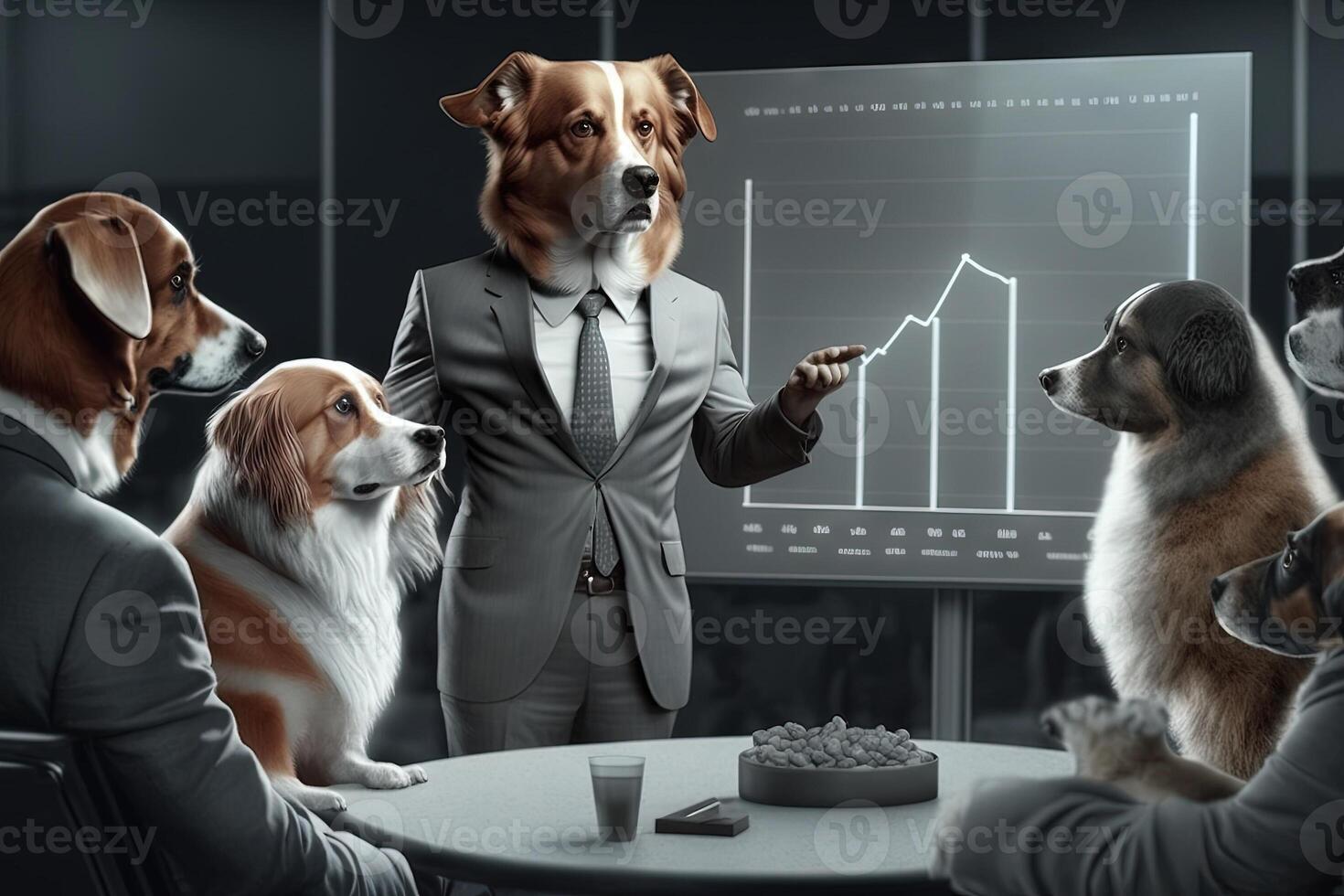 perro sentado alrededor un sala del consejo mesa, vestido en negocio trajes, uno de ellos presentación un ventas tono en un grafico ilustración generativo ai foto