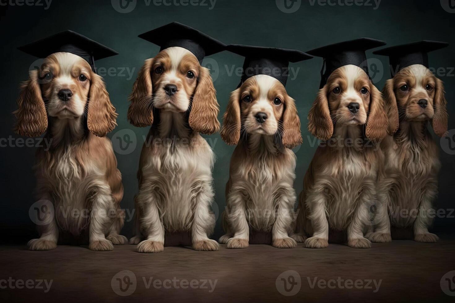 cocker spaniel Dogs standing in a line, wearing graduation caps and gowns, with a proud look on their faces illustration photo