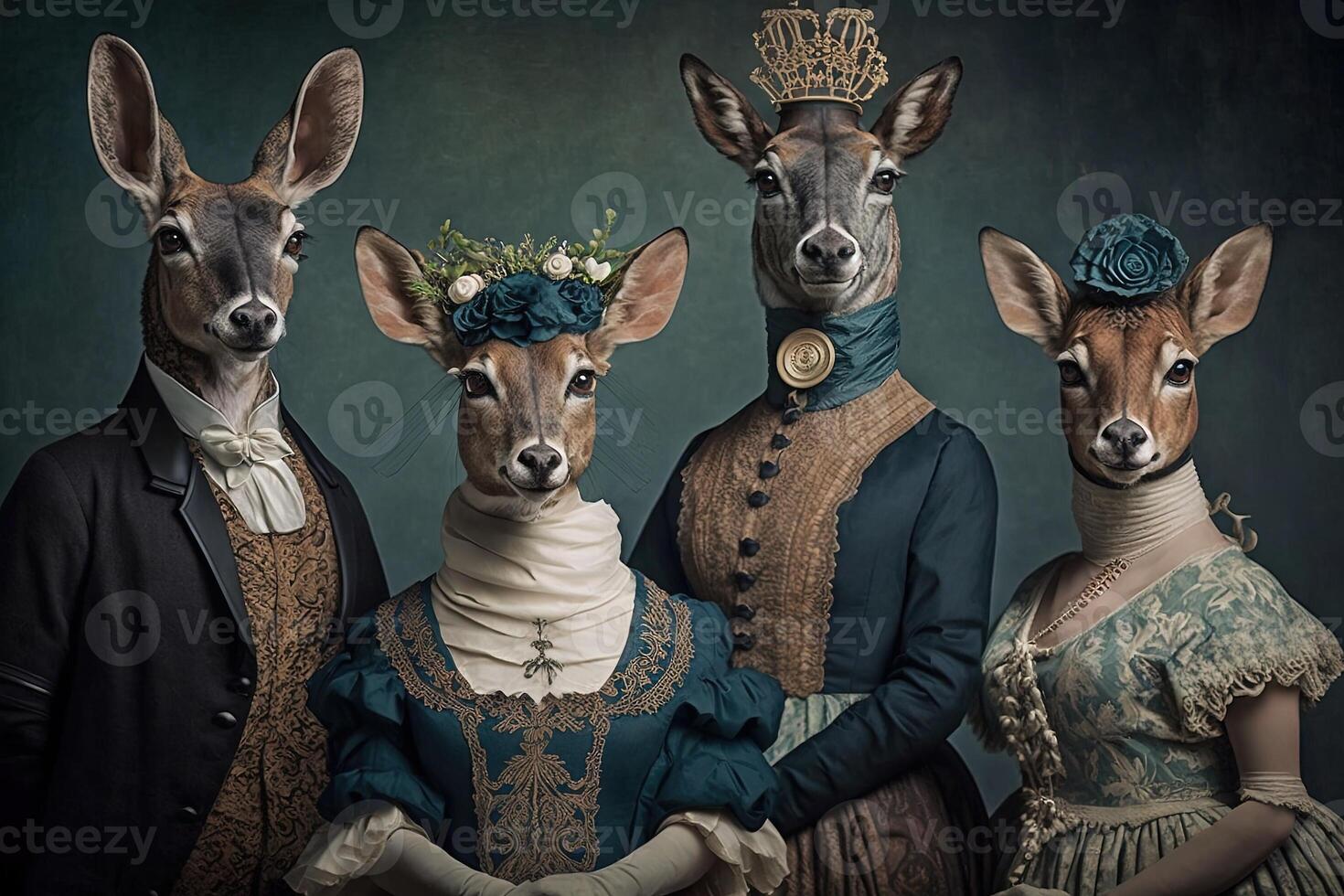 ciervos animales vestido en victoriano era ropa ilustración generativo ai foto