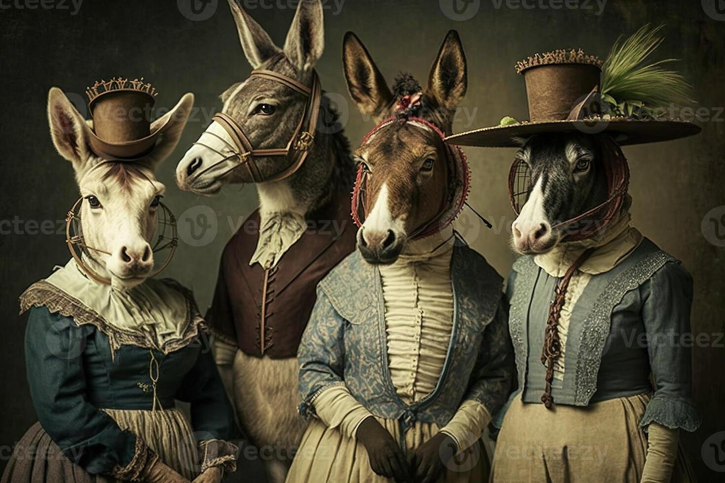 donkey animals dressed in victorian era clothing illustration photo