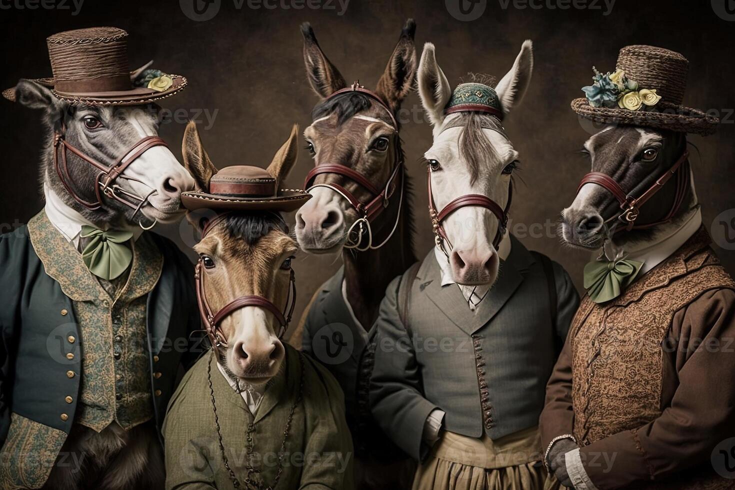 donkey animals dressed in victorian era clothing illustration photo