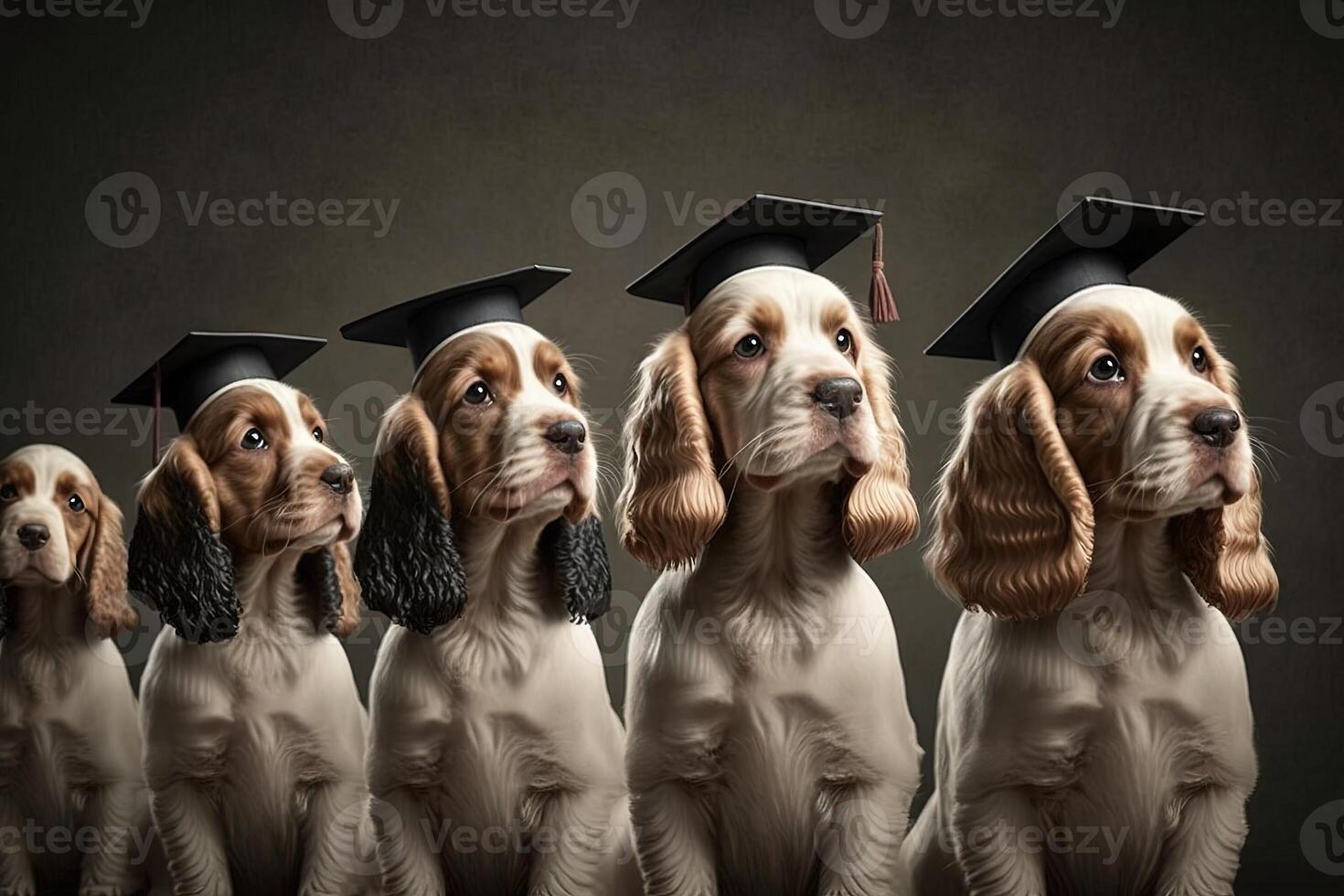 cocker spaniel perros en pie en un línea, vistiendo graduación tapas y batas, con un orgulloso Mira en su caras ilustración generativo ai foto