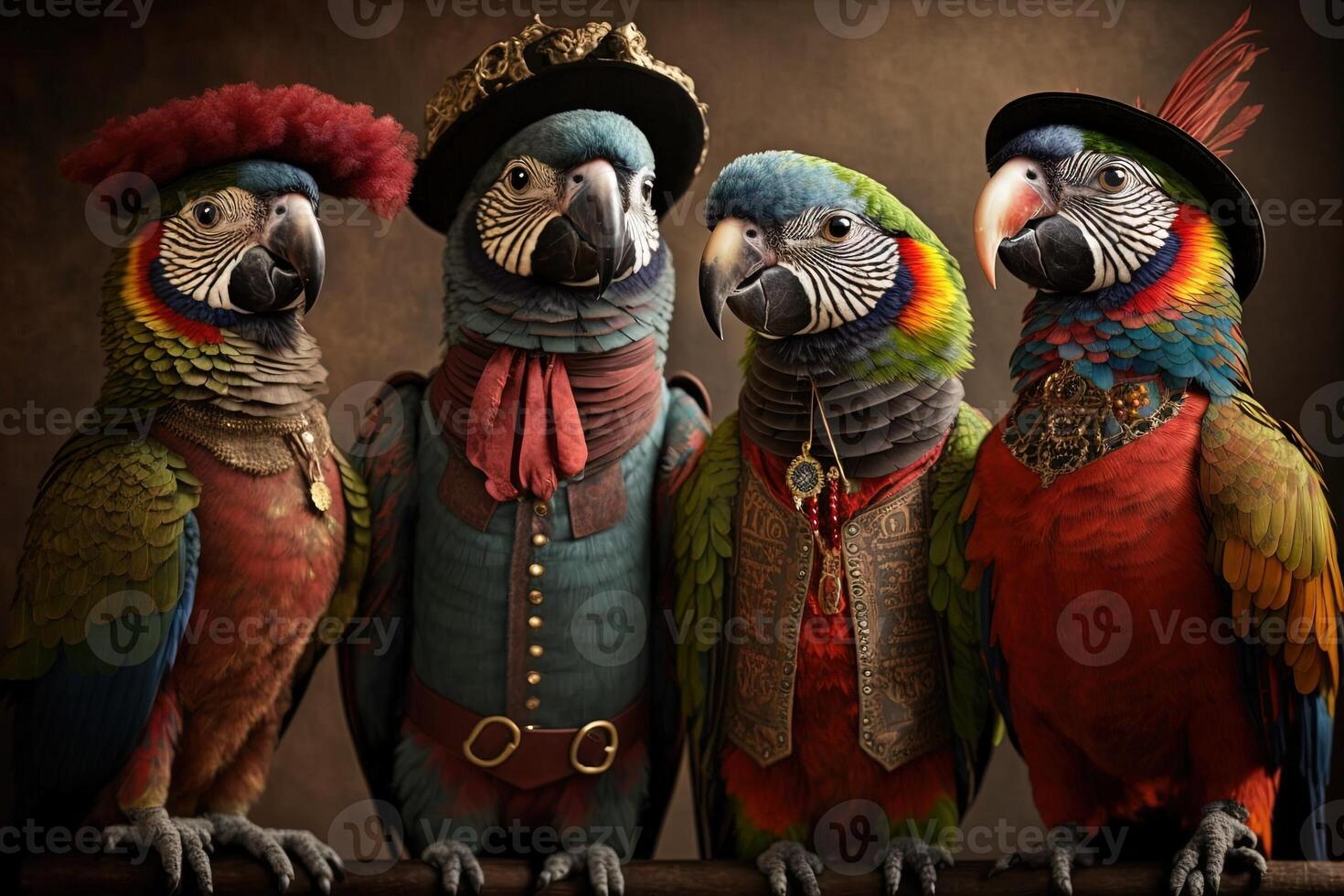 parrots ara ara birds animals dressed in victorian era clothing illustration photo