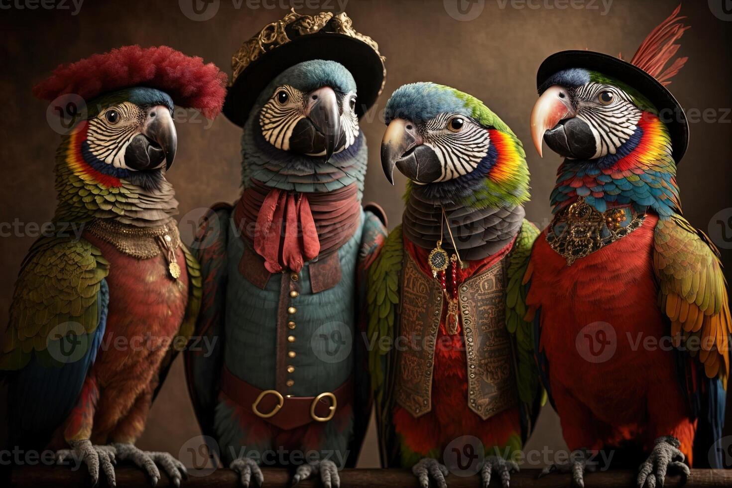 loros ara ara aves animales vestido en victoriano era ropa ilustración generativo ai foto