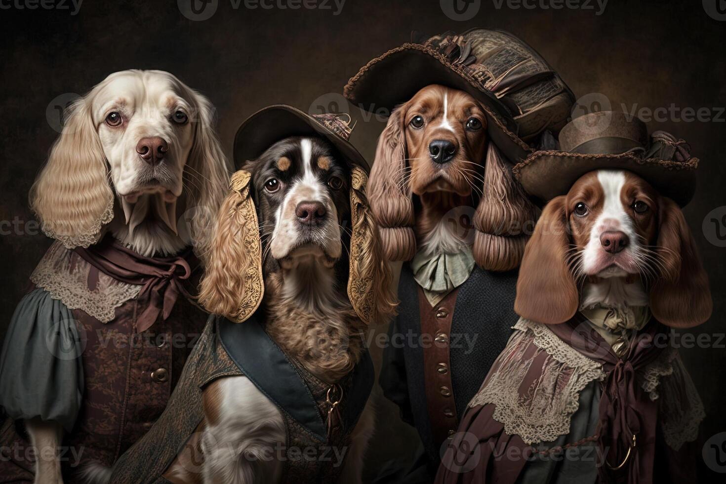 cocker spaniel perros como animales vestido en victoriano era ropa ilustración generativo ai foto
