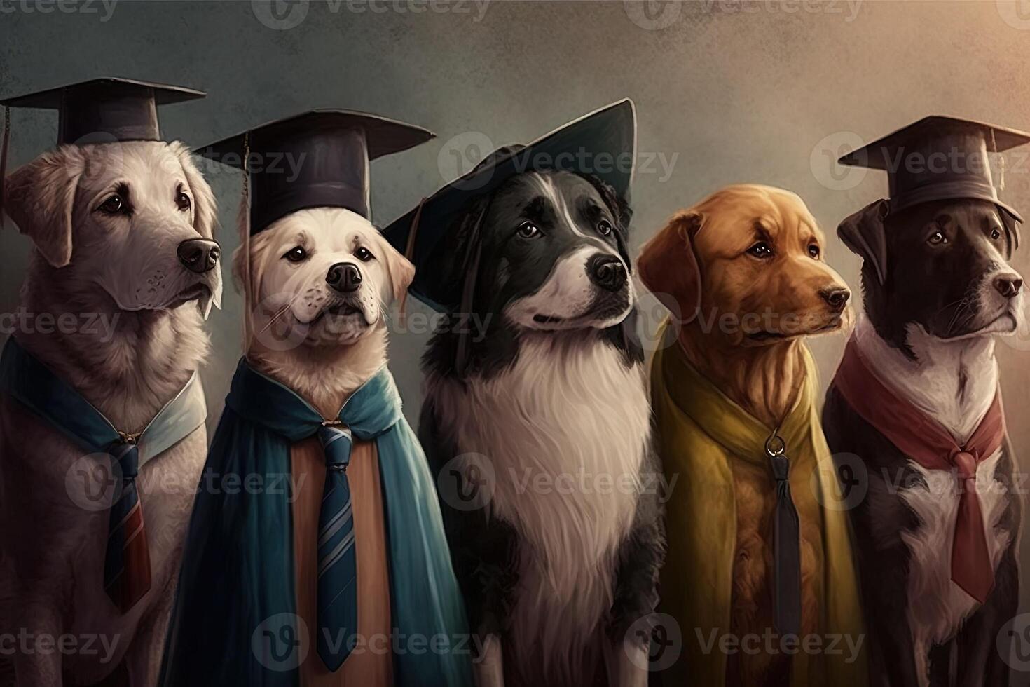 Dogs standing in a line, wearing graduation caps and gowns, with a proud look on their faces illustration photo
