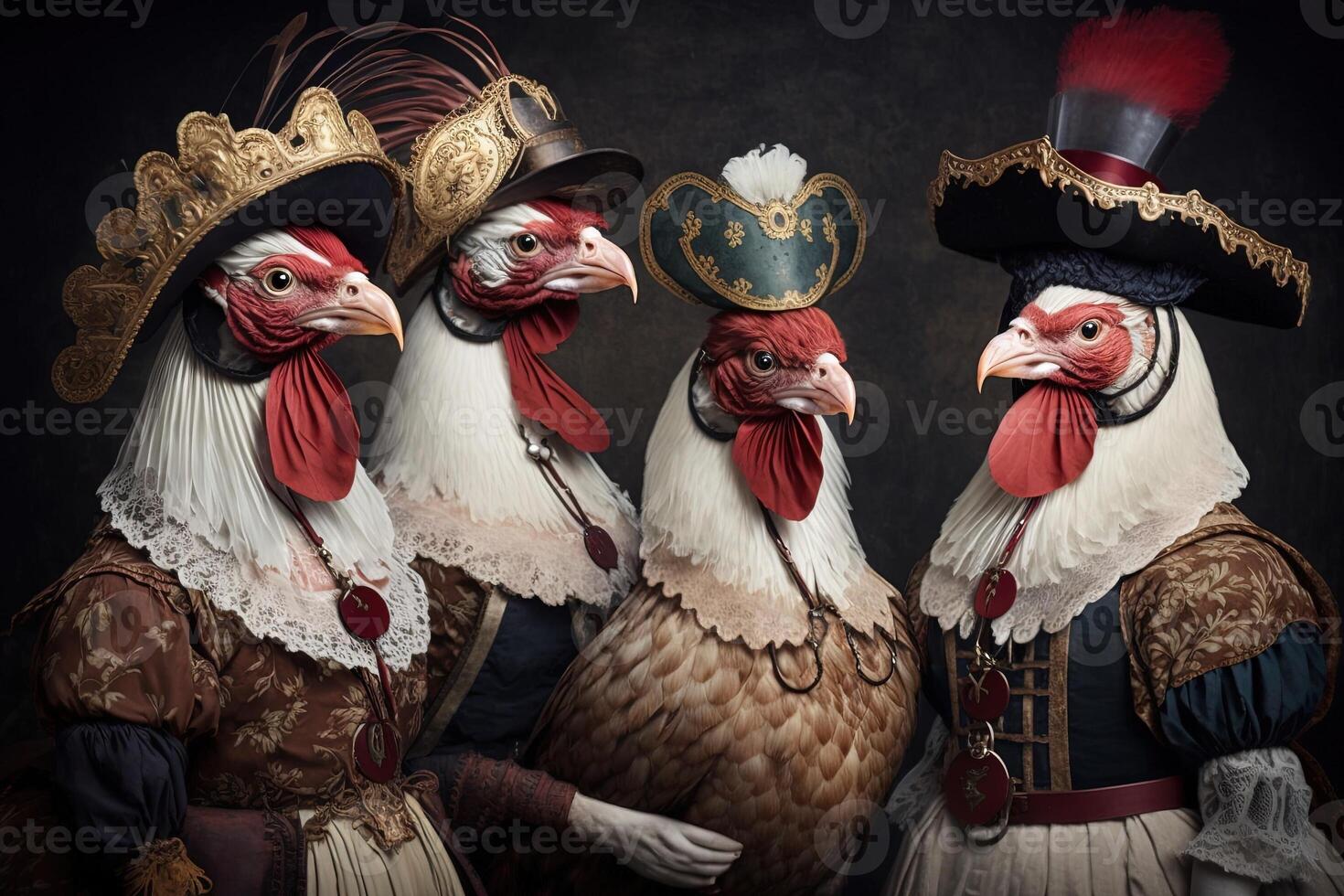 pollos y gallos animales vestido en victoriano era ropa ilustración generativo ai foto