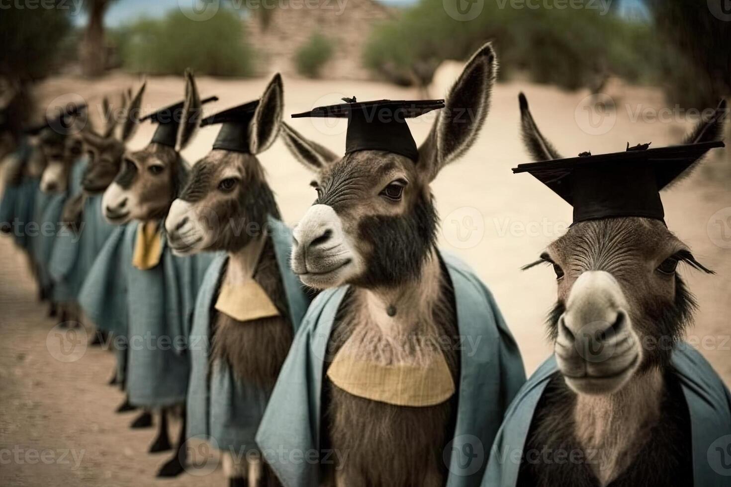 Donkeys standing in a line, wearing graduation caps and gowns, with a proud look on their faces illustration photo