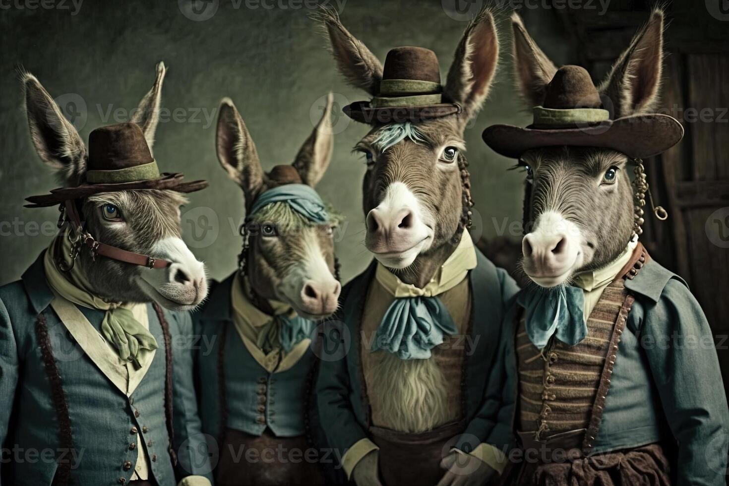 donkey animals dressed in victorian era clothing illustration photo