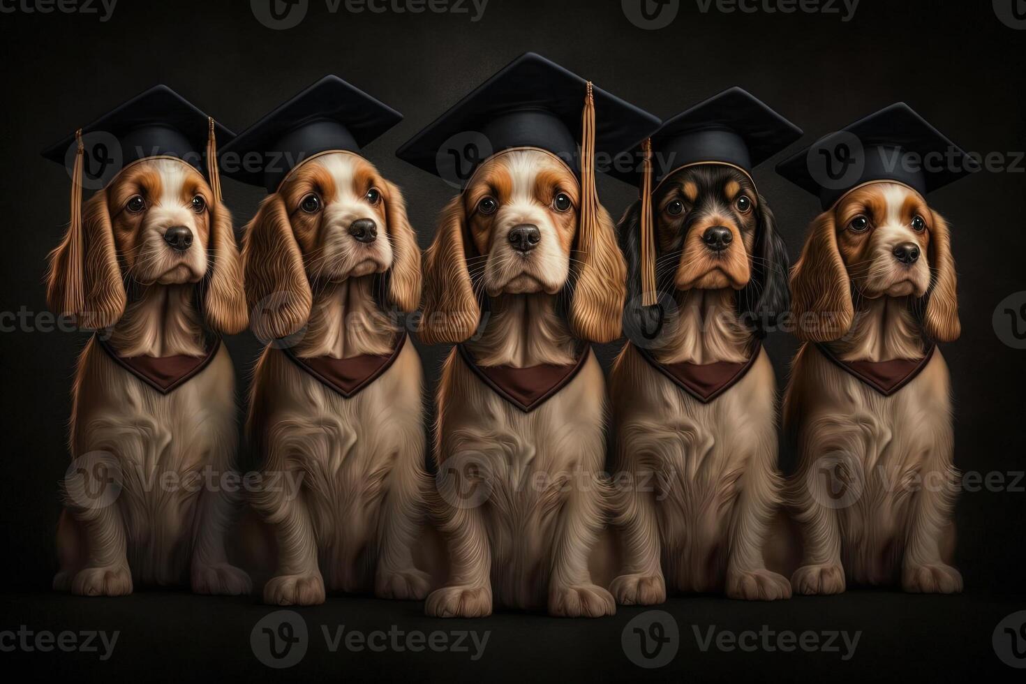 cocker spaniel Dogs standing in a line, wearing graduation caps and gowns, with a proud look on their faces illustration photo
