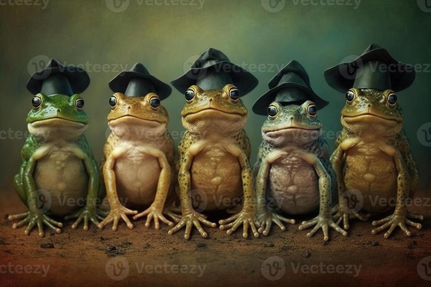 Frogs standing in a line, wearing graduation caps and gowns, with a proud look on their faces illustration photo