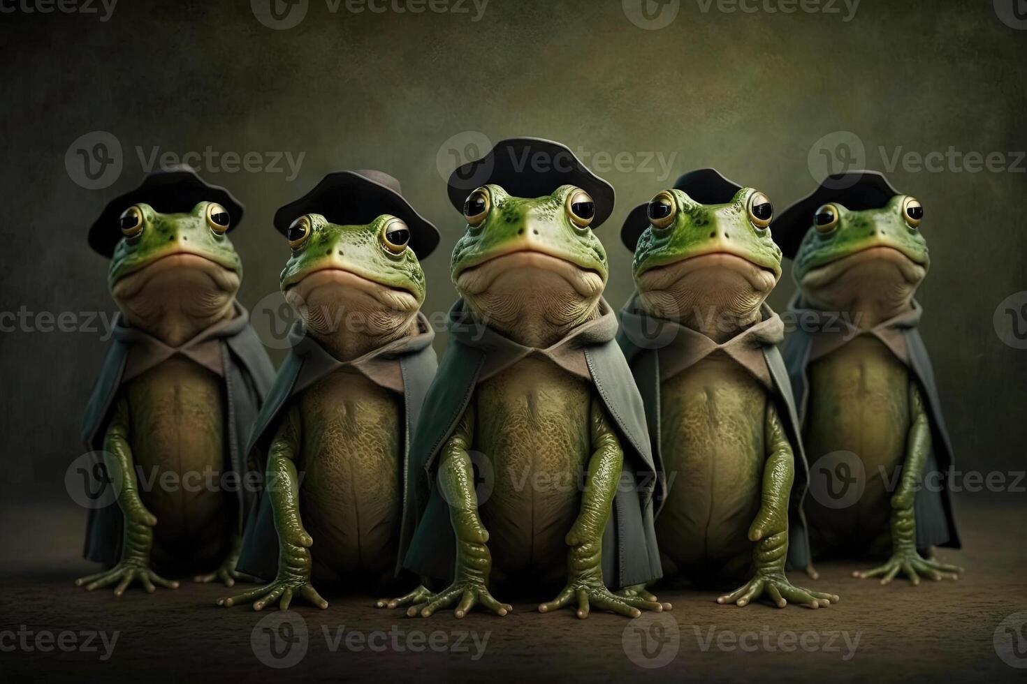 Frogs standing in a line, wearing graduation caps and gowns, with a proud look on their faces illustration photo