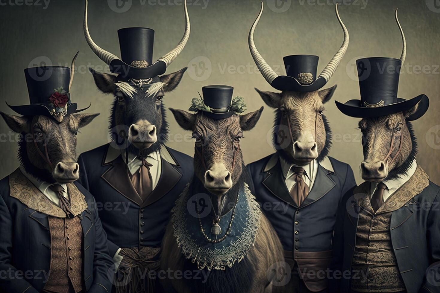 gnu animals dressed in victorian era clothing illustration photo