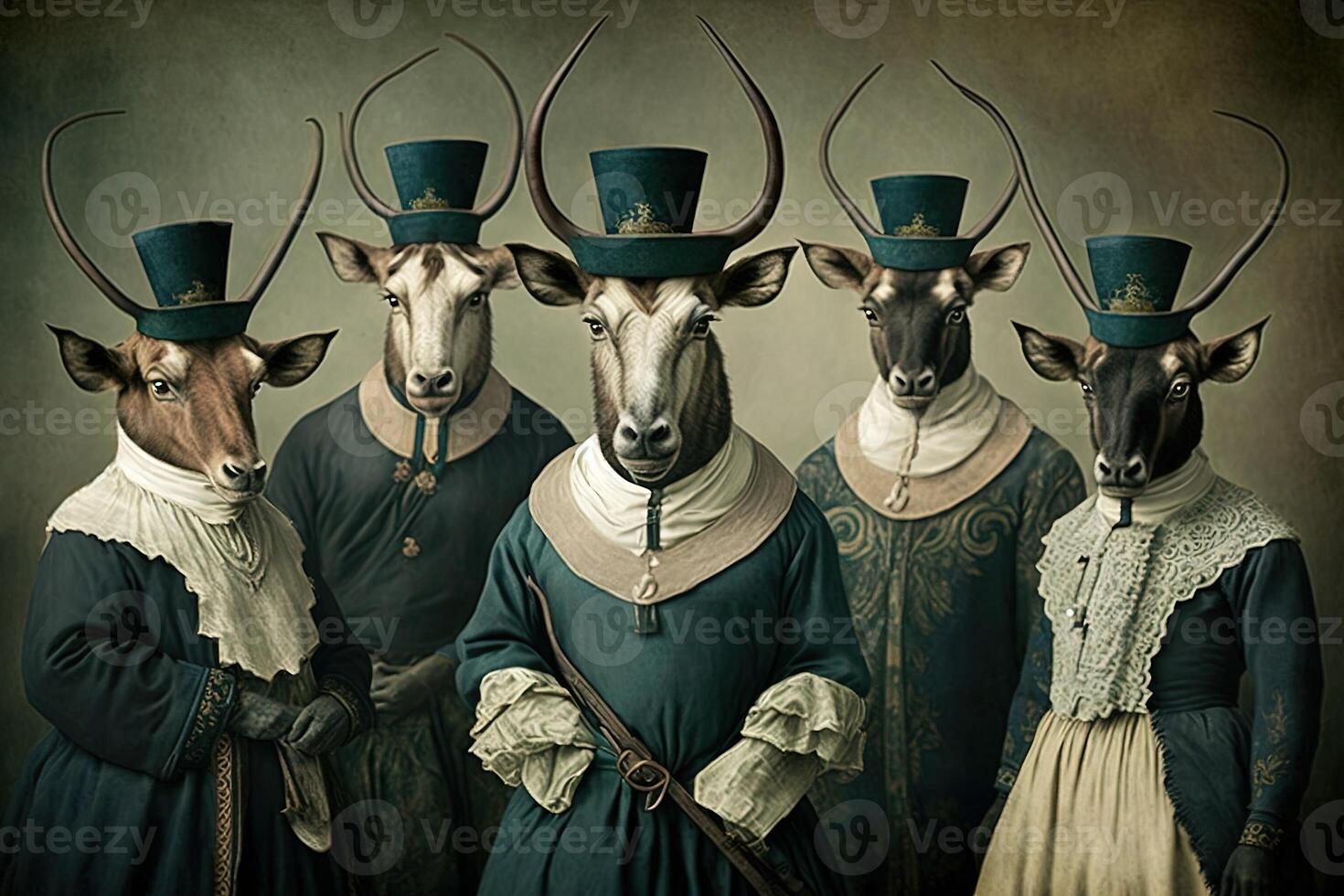 gnu animals dressed in victorian era clothing illustration photo