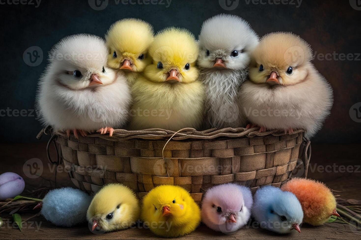 Group of fluffy Easter chicks peeping out of a basket Easter illustration photo