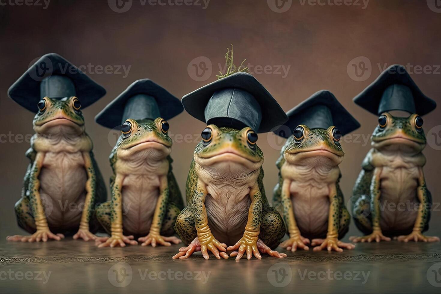 Frogs standing in a line, wearing graduation caps and gowns, with a proud look on their faces illustration photo
