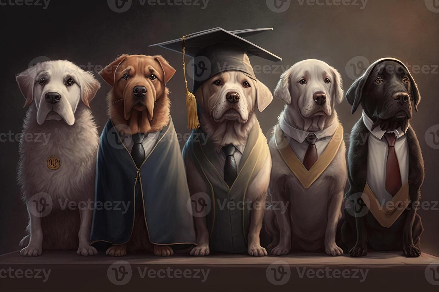 Dogs standing in a line, wearing graduation caps and gowns, with a proud look on their faces illustration photo