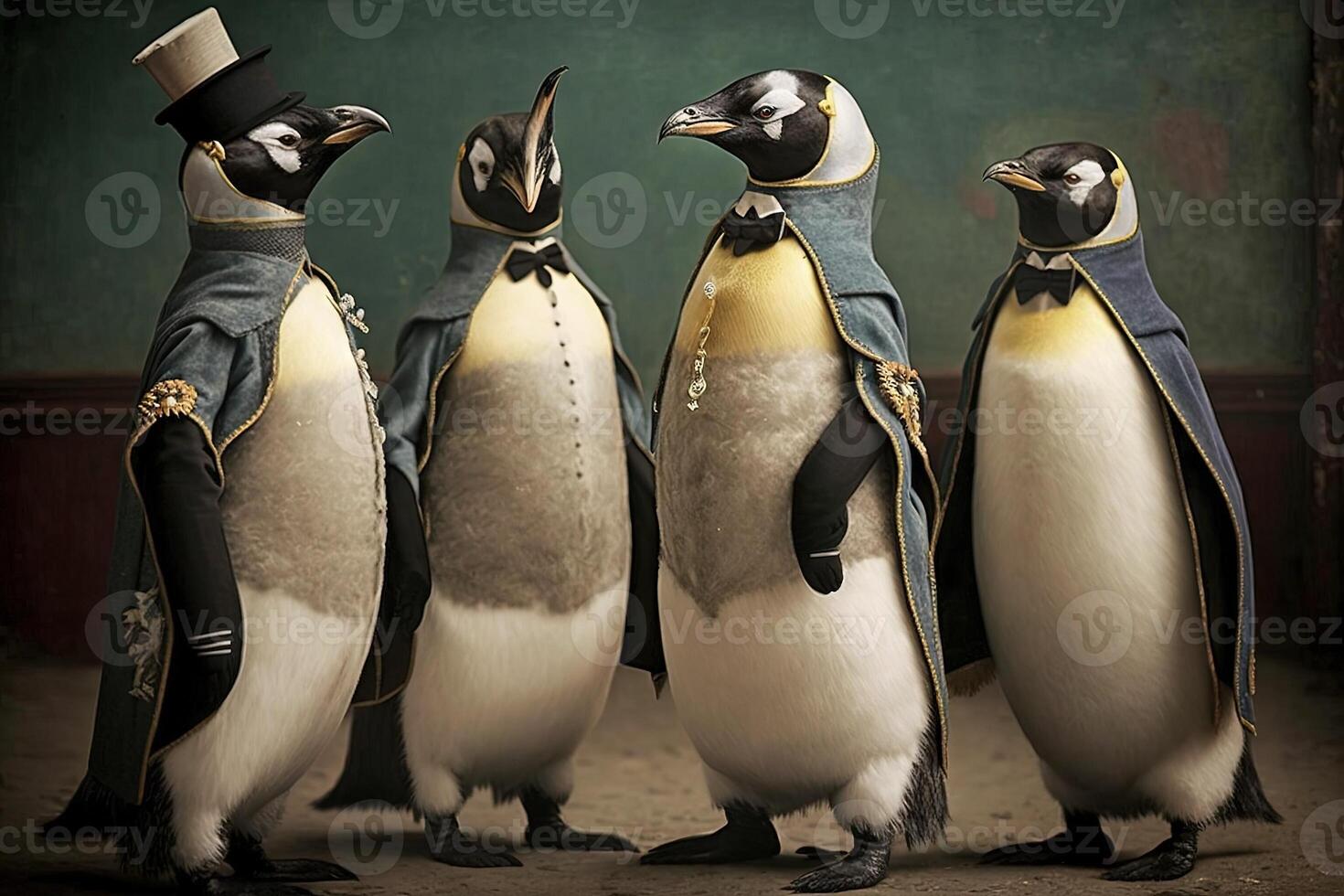 emperor penguin animals dressed in victorian era clothing illustration photo