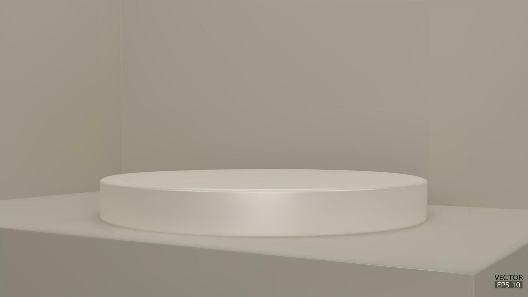 Shiny beige round pedestal on beige studio backdrops. Blank display or clean room for showing product. Minimalist mockup for podium display or showcase. 3D vector illustration.