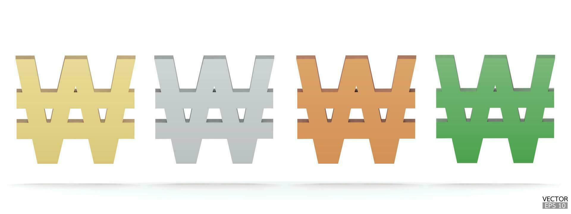 Korean Won icon isolated on white background. Sign of the South Korean Won currency or Won 3D symbol style for app, web, and digital design. 3D Vector illustration.