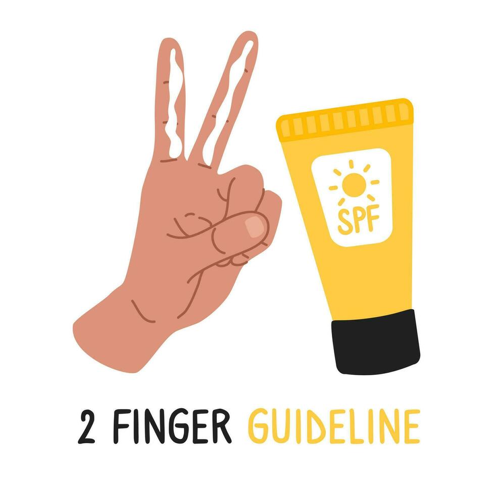 Illustration of instructions on how to properly apply sunscreen on the face. Hand with SPF cream on two fingers in a flat style. Vector illustration