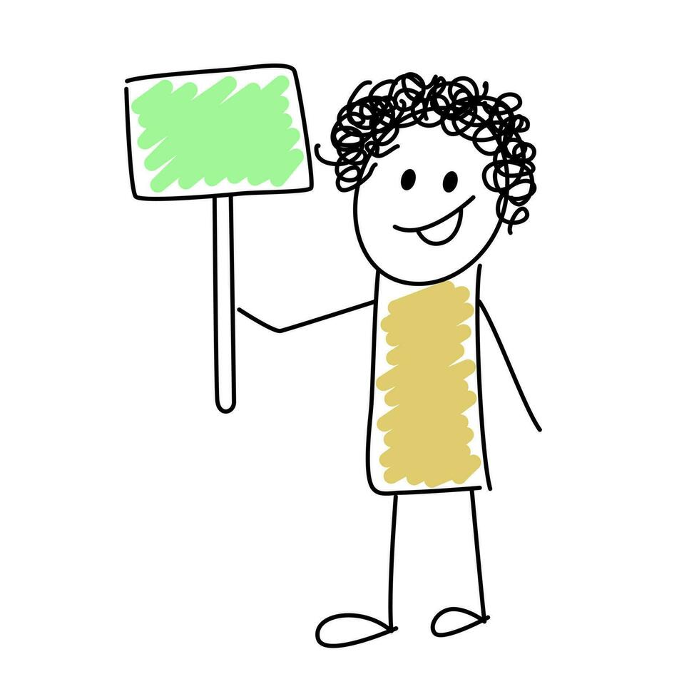 Funny cartoon doodle simple character holding a banner sign. Vector illustration