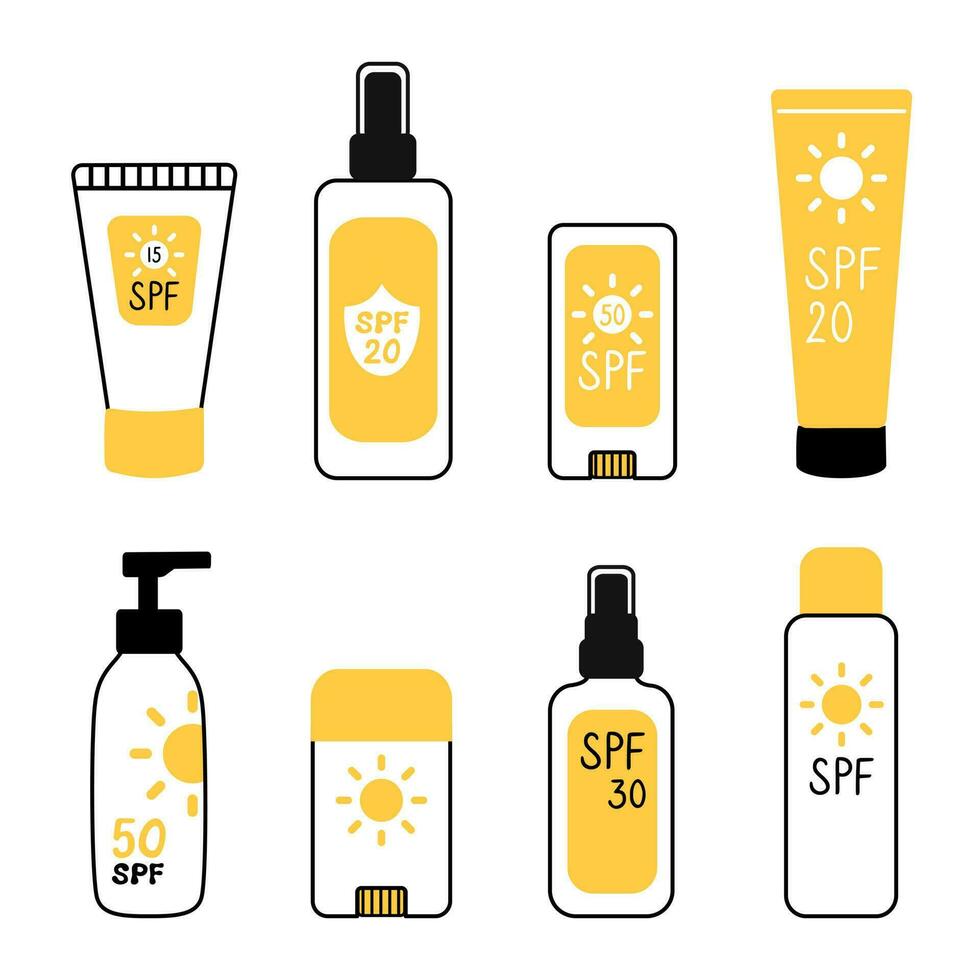 colección de protector solar productos en garabatear dibujos animados plano estilo. crema, botellas y rociar con spf. vector ilustración