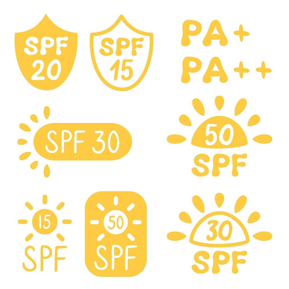 conjunto de spf Dom proteccion íconos para protector solar embalaje en linda dibujos animados plano estilo. Pensilvania íconos para protector solar productos vector ilustración