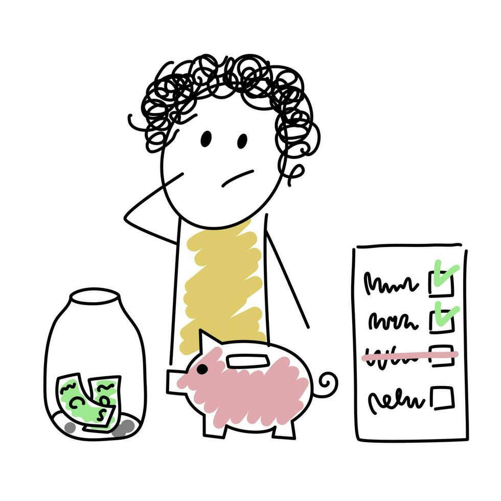 Doodle cartoon character chooses how to keep and save money. Piggy bank and bills. Vector illustration