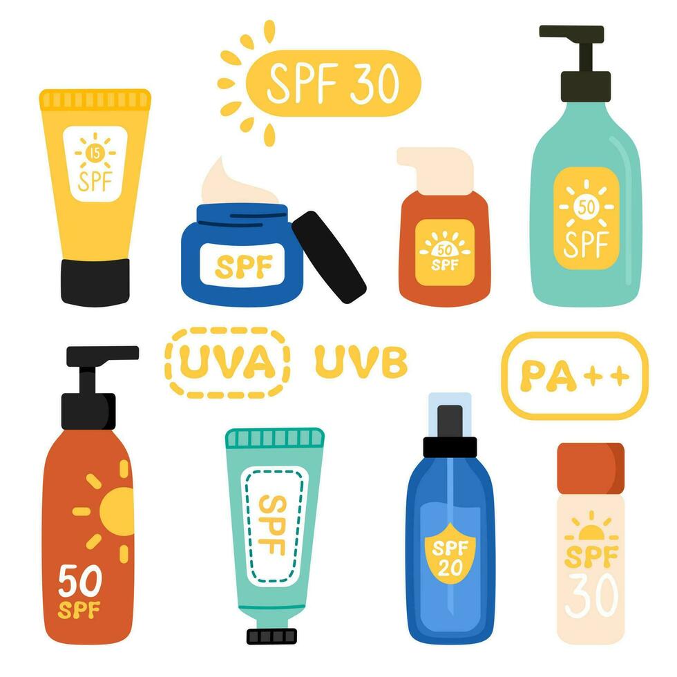 Set of sunscreen, sun protection products in flat style. Cream, tubes, bottles and spray with SPF. Set of UVA, UVB, PA, SPF icons. Vector illustration