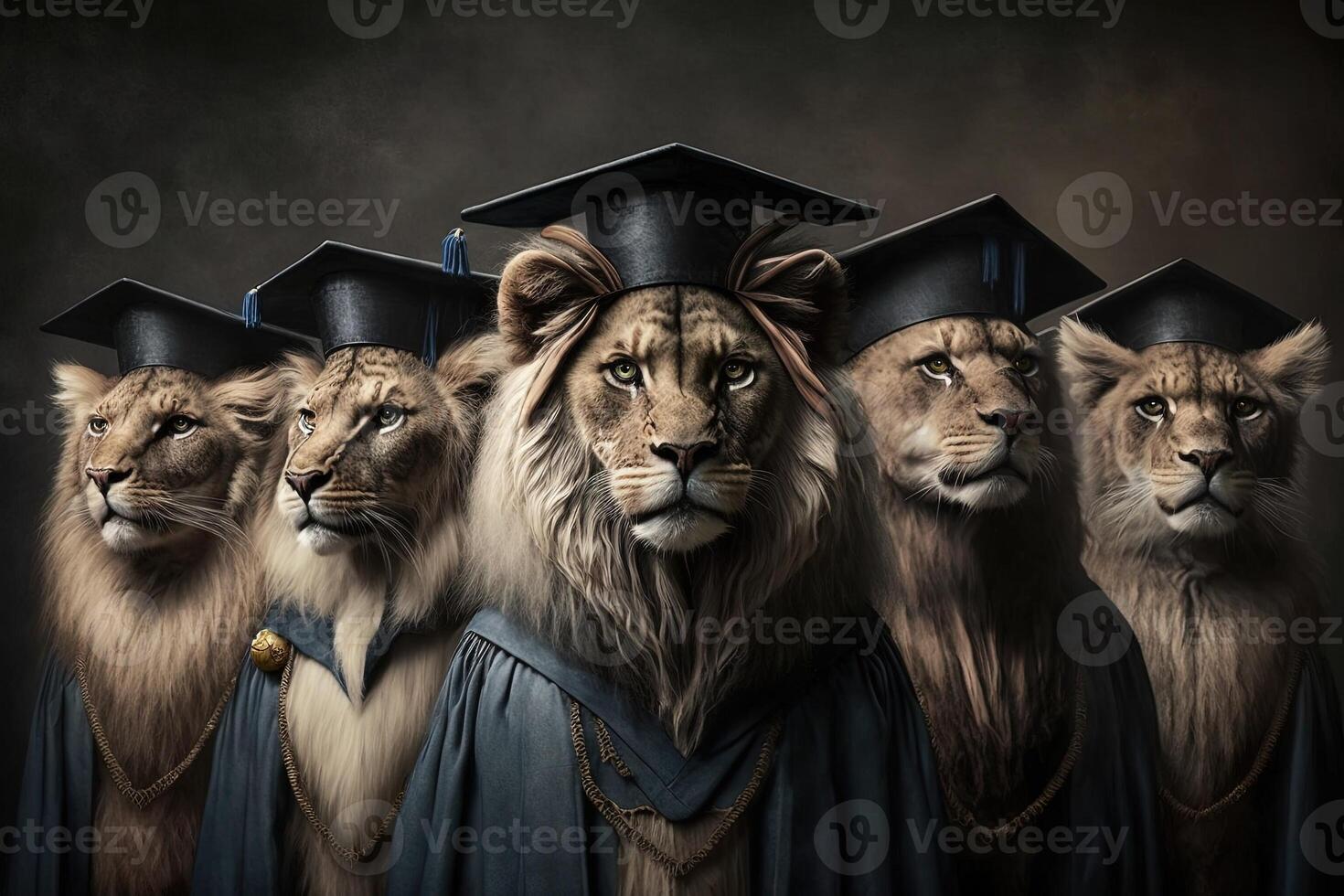 Lions standing in a line, wearing graduation caps and gowns, with a proud look on their faces illustration photo