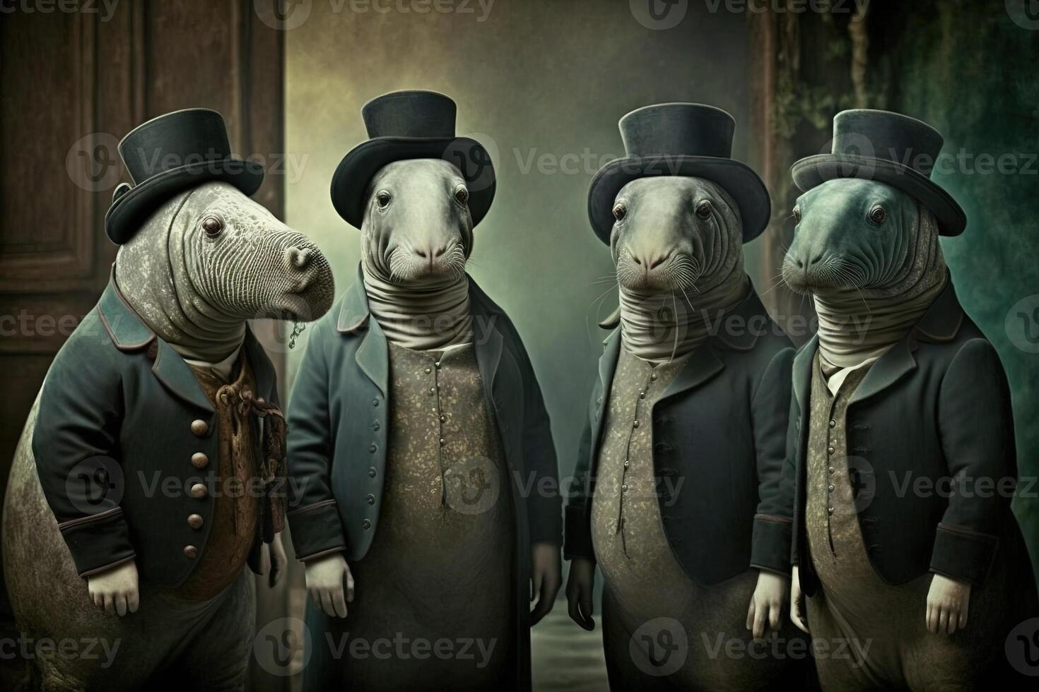 manatee animals dressed in victorian era clothing illustration photo