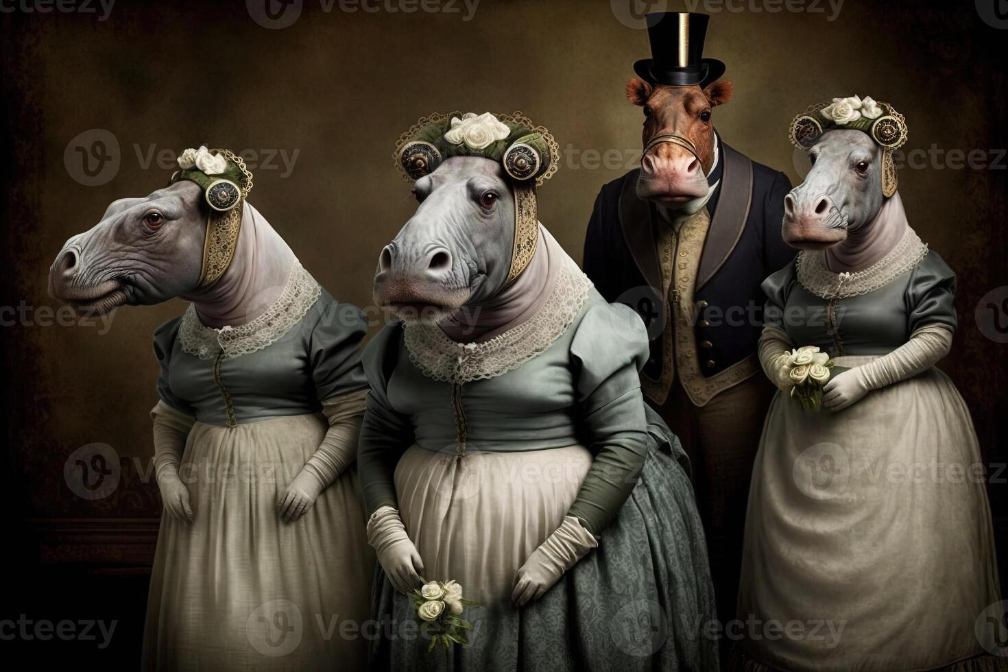 hippo animals dressed in victorian era clothing illustration photo