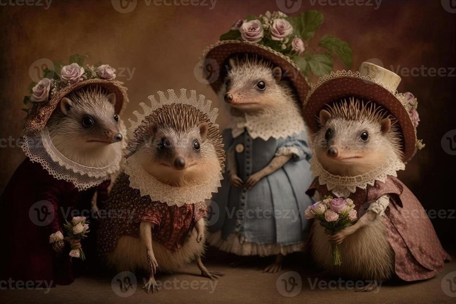 hedgehog animals dressed in victorian era clothing illustration photo