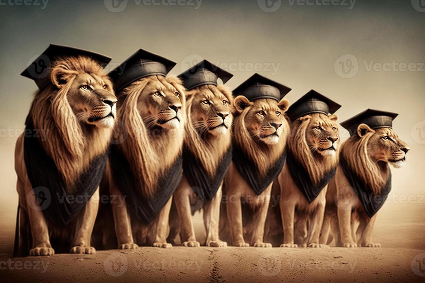 Lions standing in a line, wearing graduation caps and gowns, with a proud look on their faces illustration photo