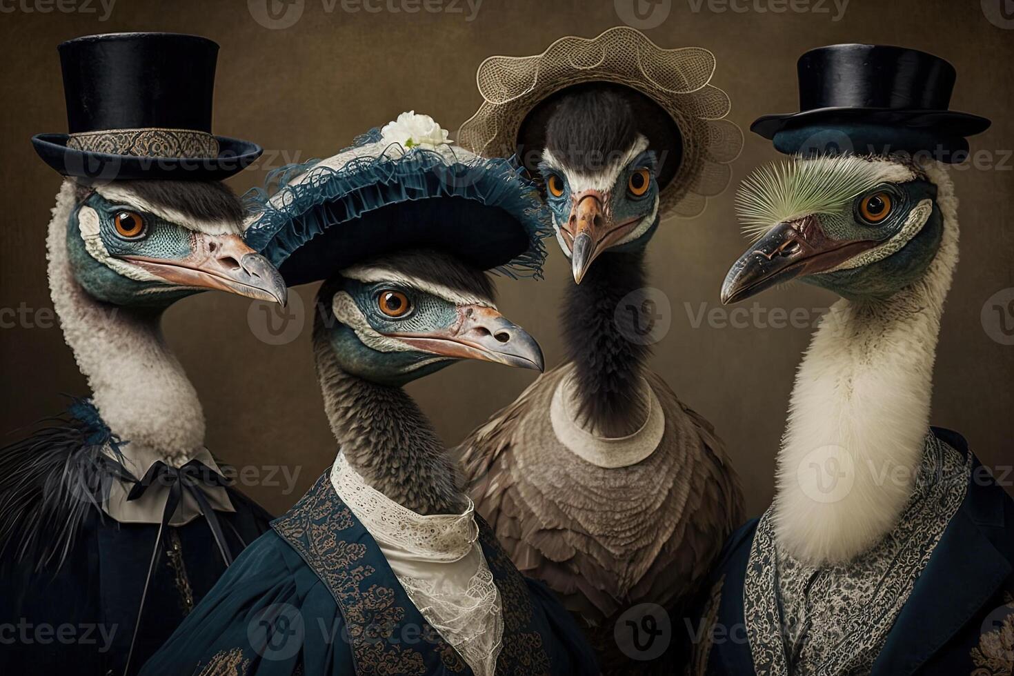 Ostricht animals dressed in victorian era clothing illustration photo