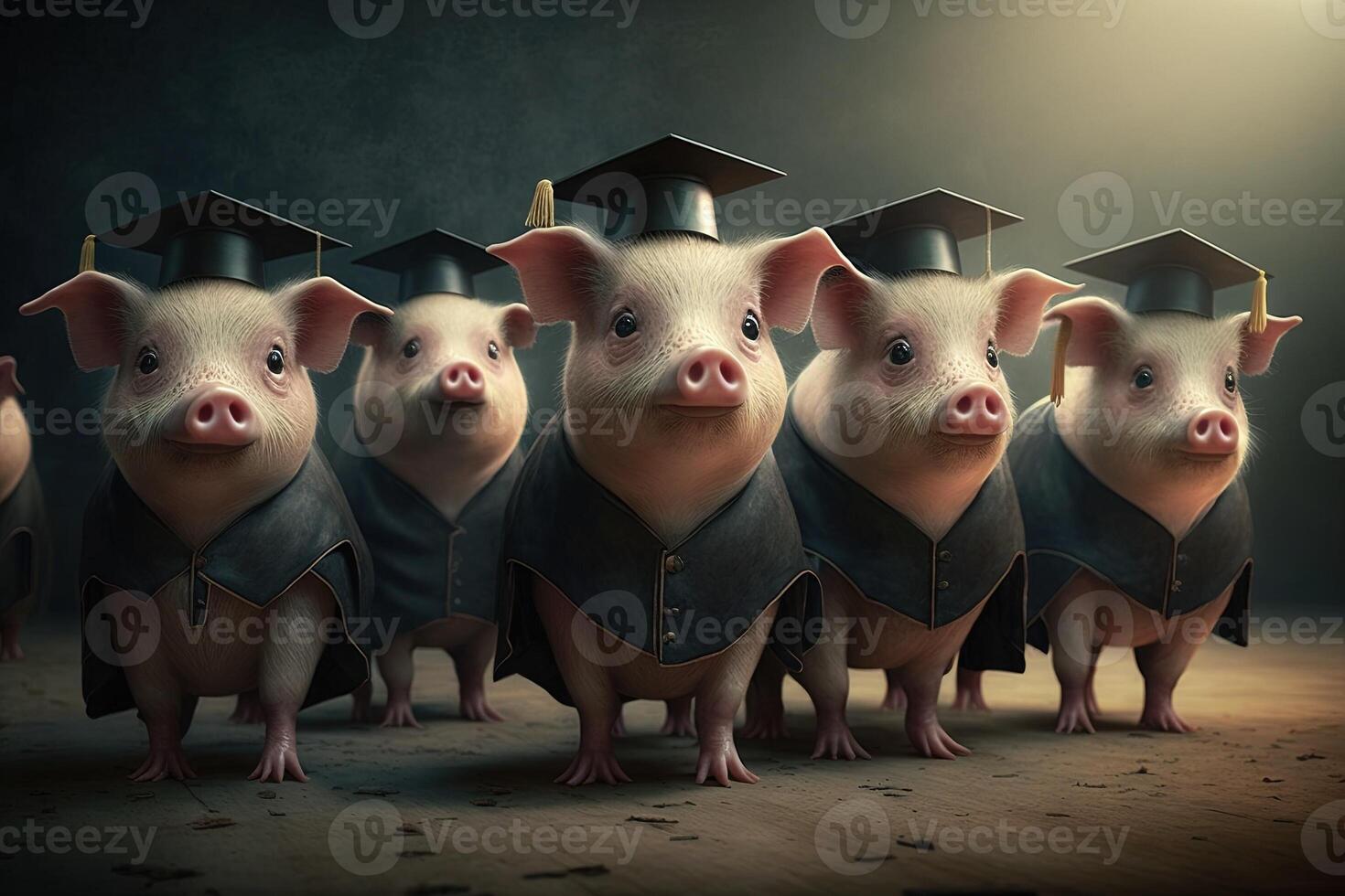 Pigs standing in a line, wearing graduation caps and gowns, with a proud look on their faces illustration photo
