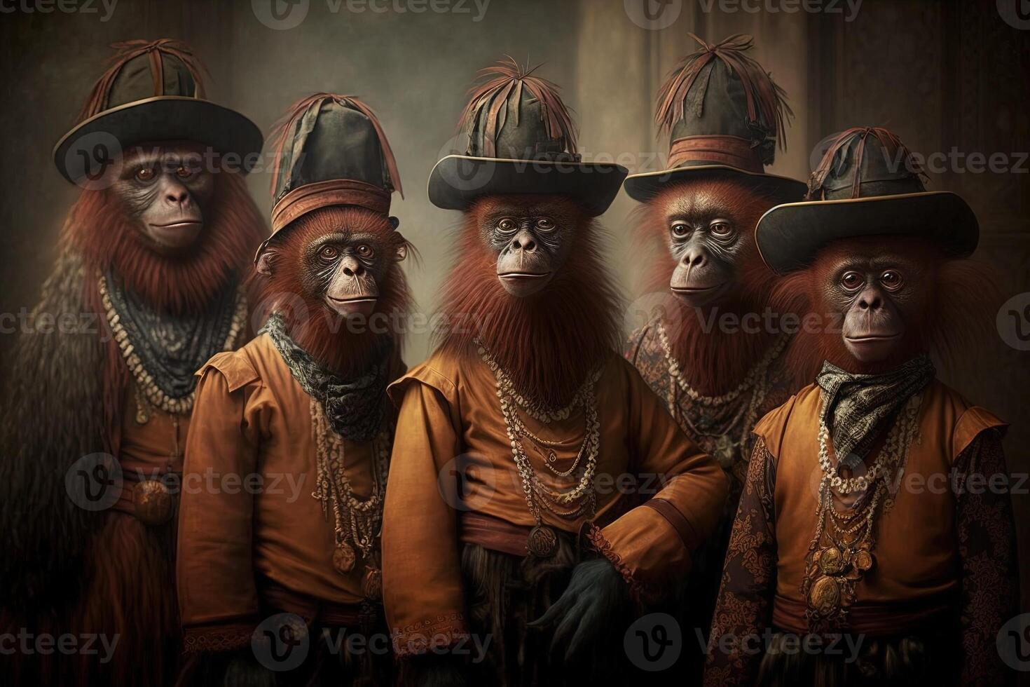 Orang Utan animals dressed in victorian era clothing illustration photo