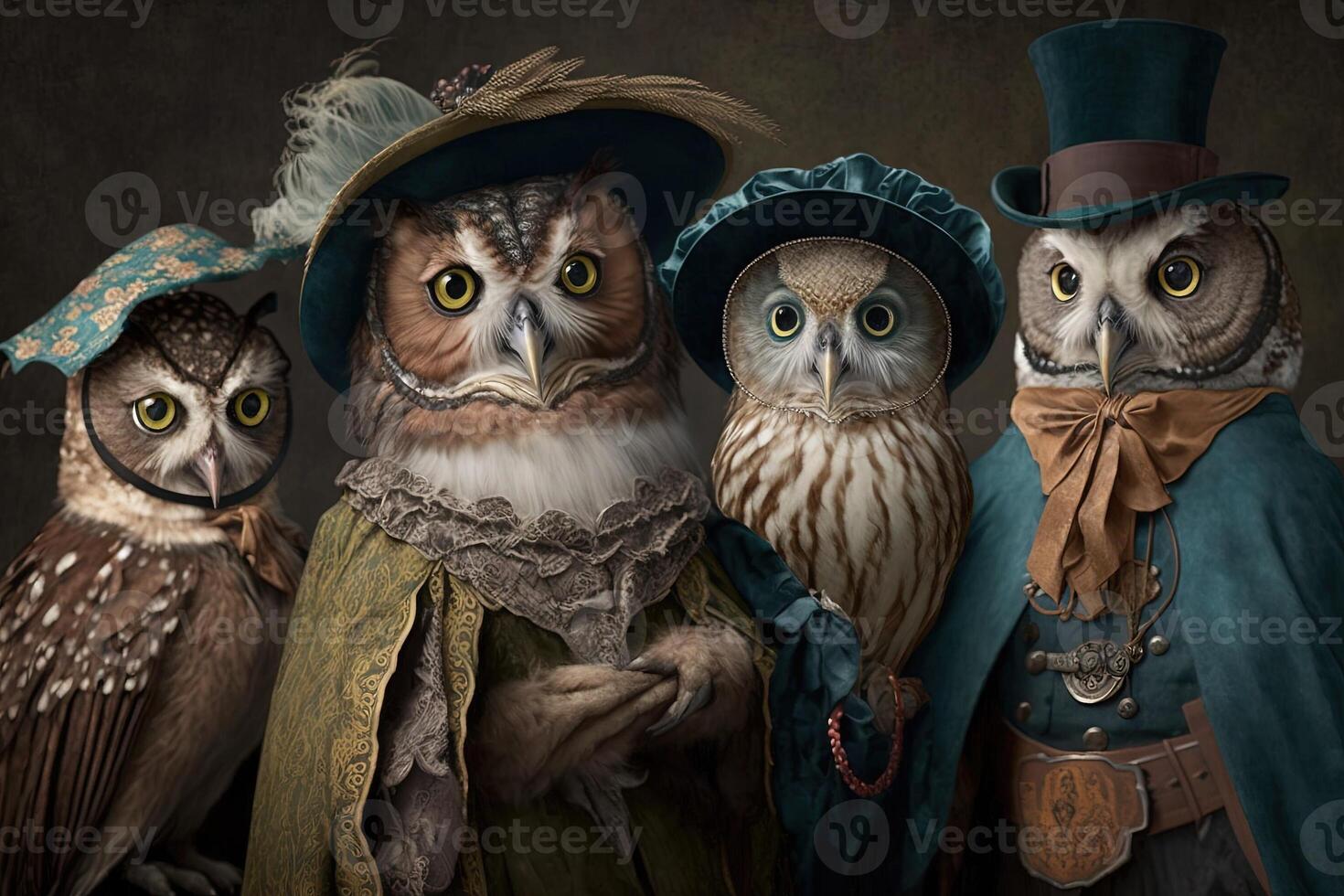 owls animals dressed in victorian era clothing illustration photo