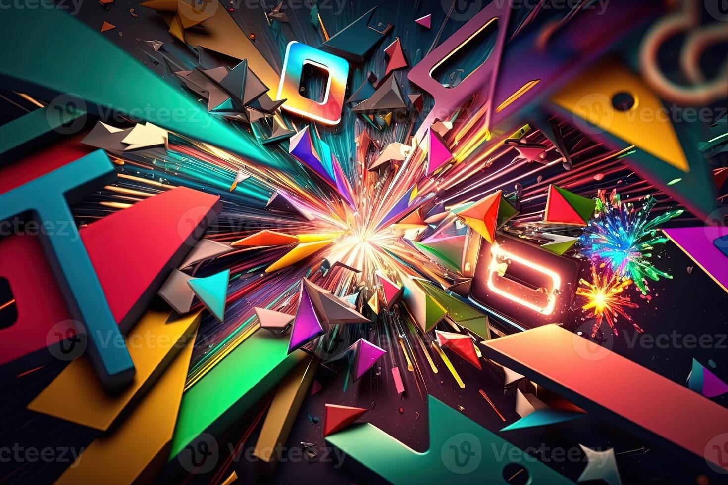 neon exploding into a kaleidoscope of colors intricate geometric fantasy pattern shapes illustration photo