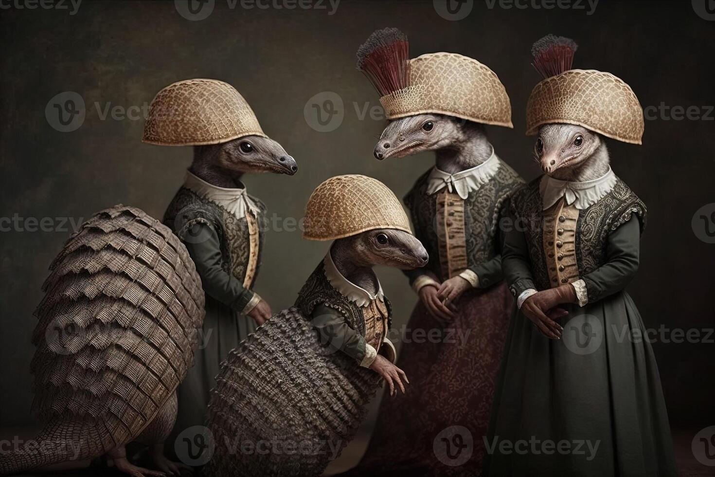 Pangolin animals dressed in victorian era clothing illustration photo