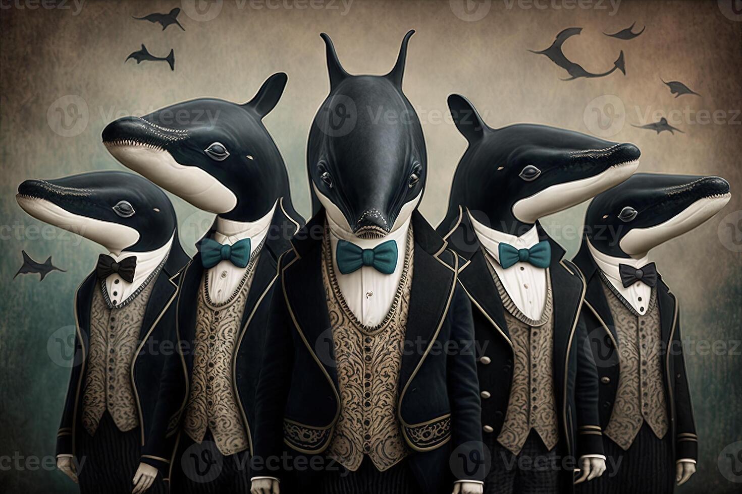 orcas killer whale animals dressed in victorian era clothing illustration photo