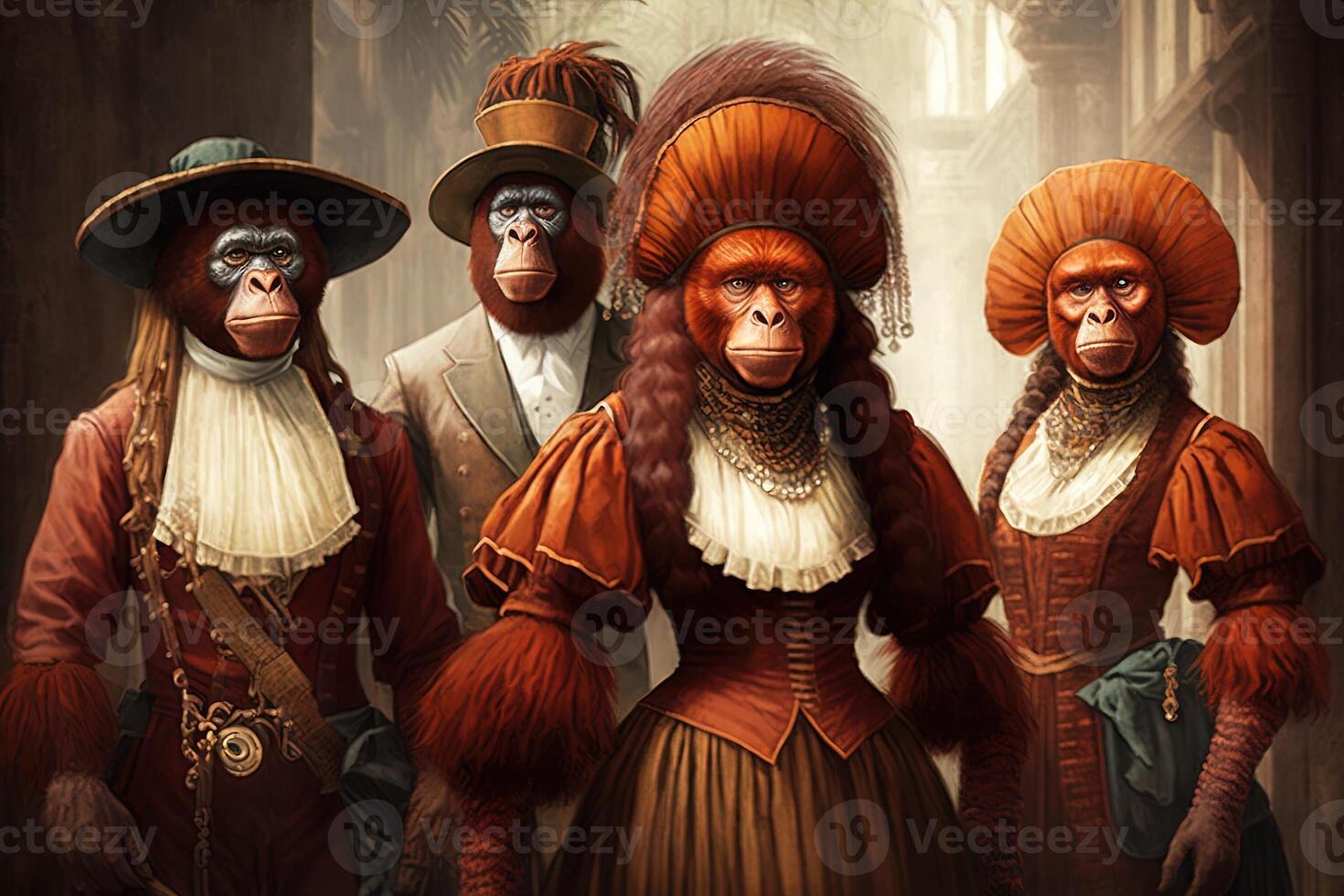 Orang Utan animals dressed in victorian era clothing illustration photo