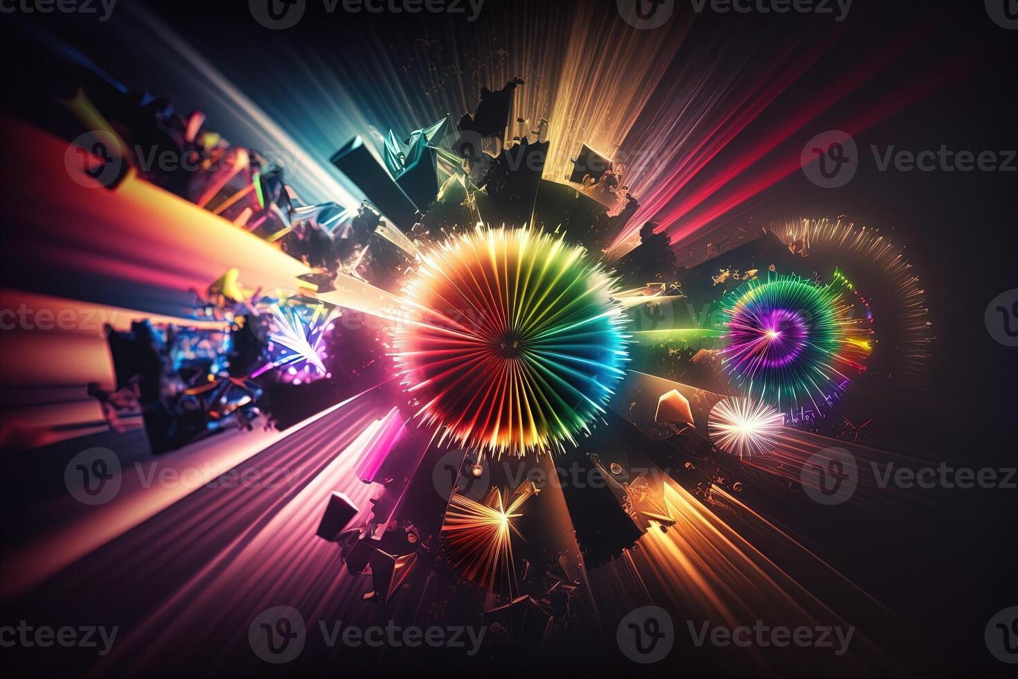 neon exploding into a kaleidoscope of colors intricate geometric fantasy pattern shapes illustration photo