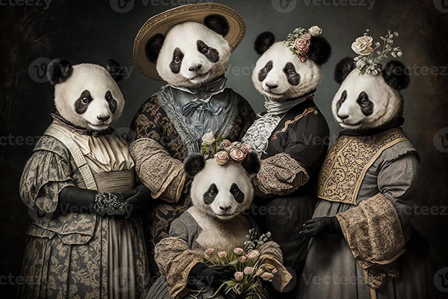 panda animales vestido en victoriano era ropa ilustración generativo ai foto